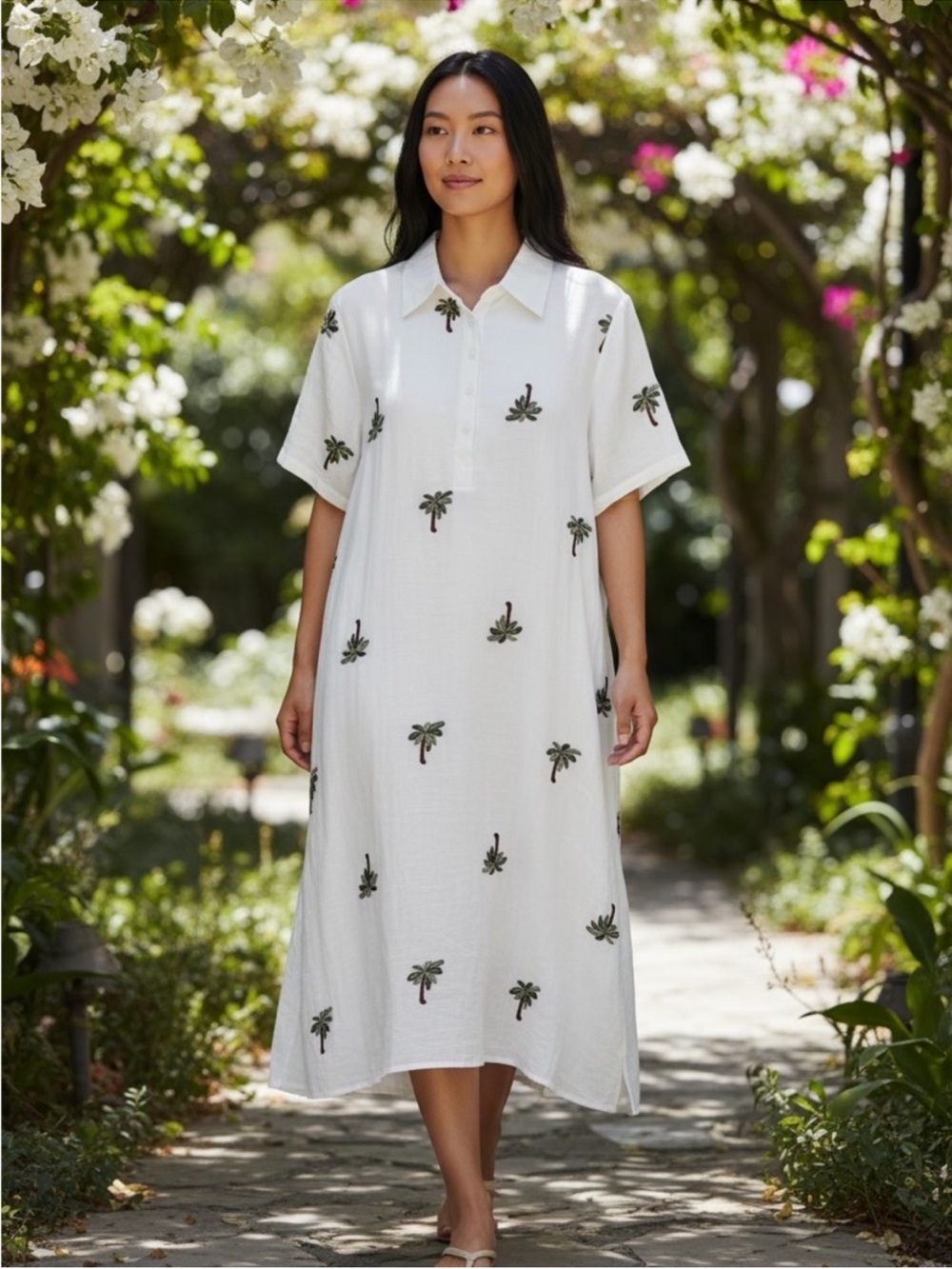 Kindred x Anthropologie White Palm-Embroidered Resort Top Shift Dress